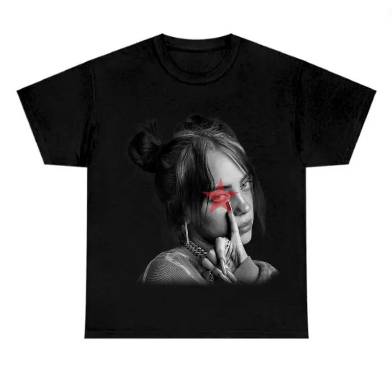 Red Star BW Billieee Eilishhh T-shirt, Graphic Tee Hoodie, Sweatshirt | DripVista.com