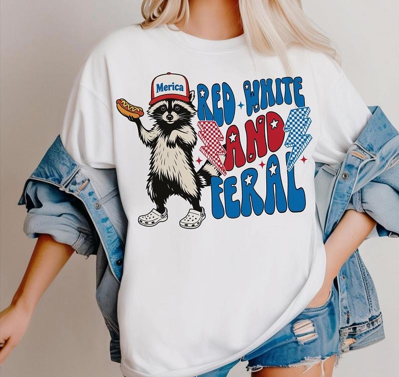Red White And Feral  Funny Raccoon Shirt 4th Of July T-Shirt Classic 90s Retro Hoodie, Sweatshirt | DripVista.com