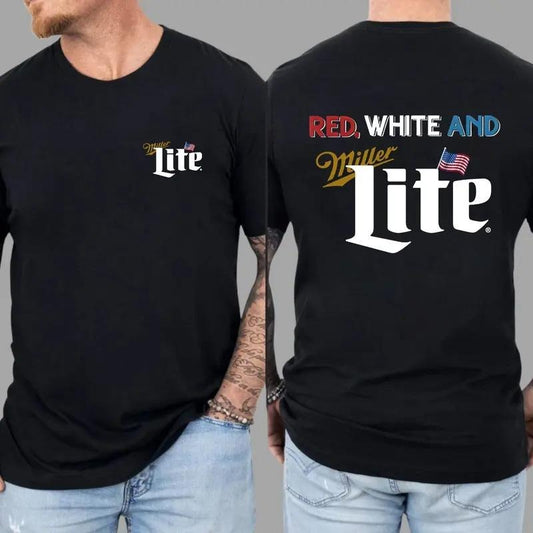 Red White And Miller Lite Logo T-Shirt 4th Of July Graphic Tee, Trendy Summer for Men for Women, Shades For Everyone, Menswear Graphic Tee Casual Top
