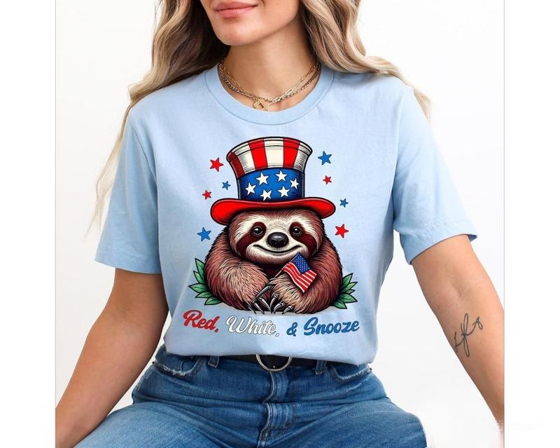 Red White And Snooze Sloth Funny 4th of July Shirt, Fourth of July Patriotic Sloth Tee, Cute American Sloth Memorial Day Gift