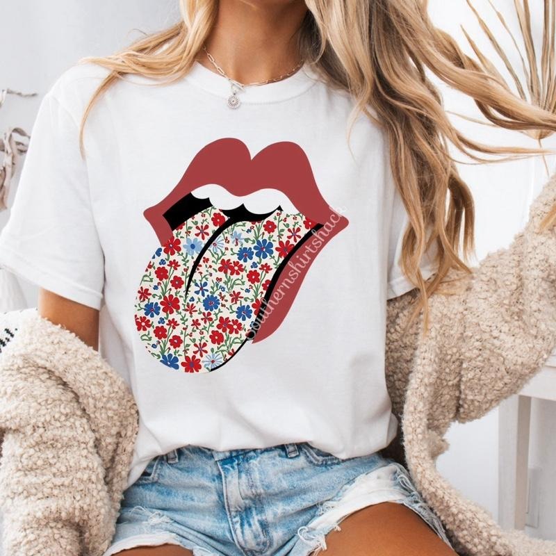 Red White Blue Floral Tongue t shirt  | white comfort colors t shirt | Patriotic Shirt Hoodie, Sweatshirt | DripVista.com