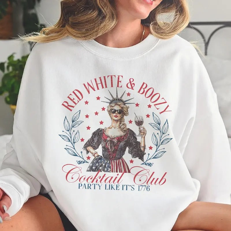 Red White and Boozy USA Sweatshirt Red White and Boozy Lady Liberty Pullover USA Cocktail Club Sweatshirt Funny Patriotic Pullover 4th of July Independance Day Sweatshirts