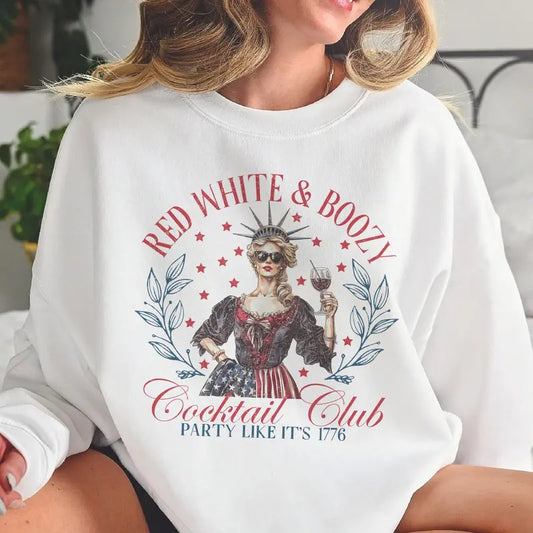 Red White and Boozy USA Sweatshirt Red White and Boozy Lady Liberty Pullover USA Cocktail Club Sweatshirt Funny Patriotic Pullover 4th of July Independance Day Sweatshirts