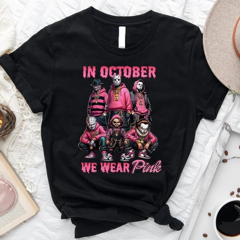 Red plumber brand October We Wear Pink Horror Characters Shirt, Breast Cancer Awareness Halloween Tee, Spooky Season...