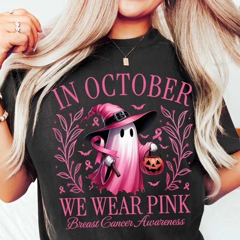 Red plumber brand October We Wear Pink Shirts Women Halloween Pink Graphic Breast Cancer Short Sleeve Fall Tee Hoodie,...