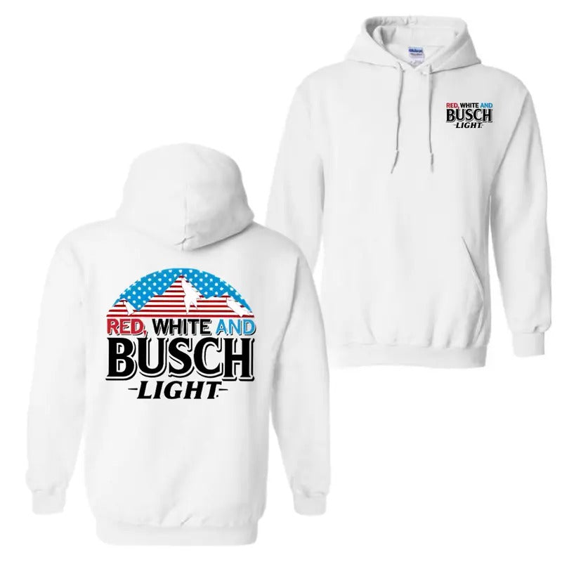 Red, White And Busch Light Hoodie Sweatshirt T-Shirt - 2 Sided Hoodie - Busch Light Shirt For Men And Women | DripVista.com