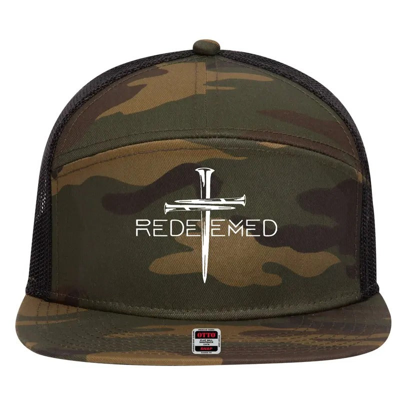 Redeemed Jesus Christ Died For My Sins 3 Nails Cross Christian Catholic 7 Panel Mesh Trucker Snapback Hat - Christian...