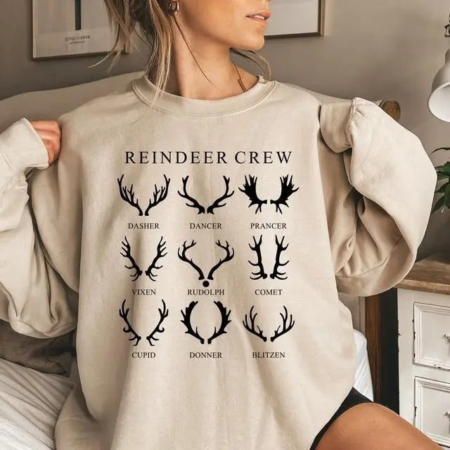 Reindeer Crew Sweatshirt, Christmas Reindeer Shirt, Winter Xmas Gift, Merry Christmas Holiday Tee Hoodie | DripVista.com