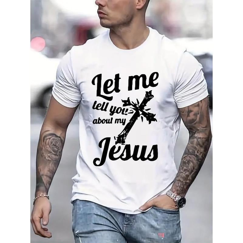 Religious Graphic Tee - Jesus Letter Printed, Casual Style, Slightly Elastic, Round Neck, Breathable, Comfortable, Summer...