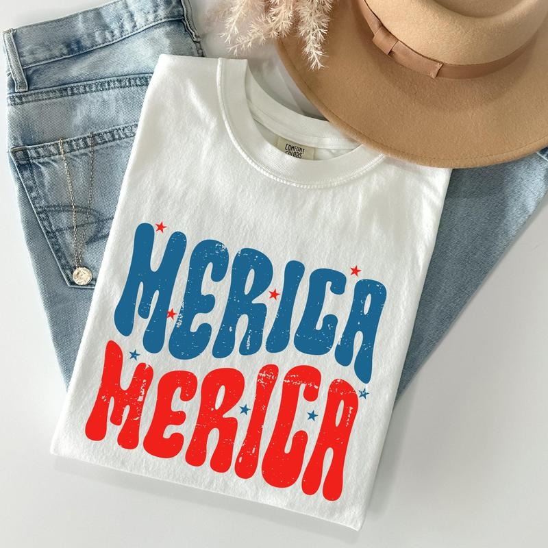 Retro 'Merica, America, Red White Blue, Patriotic, Tshirt, Women's Crew Neck, Crewneck Hoodie, Sweatshirt | DripVista.com