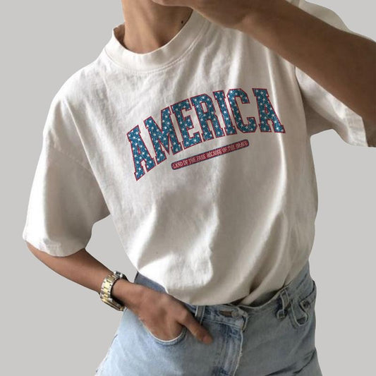 Retro America Graphic Shirt, Vintage Star America Shirt For Women, 4th Of July America Tee, American Patriotic USA Tshirt, Independence Day Shirt, Land Of The Free T-Shirt, Fourth of July Women's Tops, Comfy Cotton Oversized Tee, Relaxed Fit Chic Style