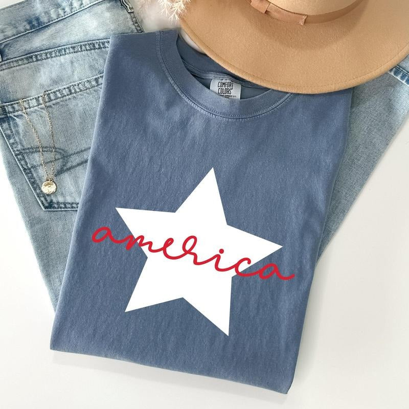 Retro America Star, Red White Blue, 4th of July Tshirt, Women's Crew Neck, Crewneck Hoodie, Sweatshirt | DripVista.com