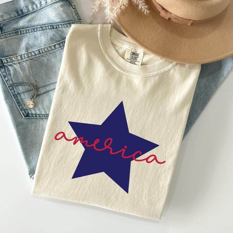 Retro America Star, Red White Blue, Patriotic, Tshirt, Women's Crew Neck, Crewneck Hoodie, Sweatshirt | DripVista.com