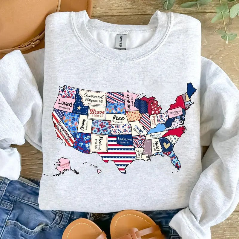 Retro America USA Map Sweatshirt: 4th FOG July Design American Flag Bible Verse American Girl - Celebrate 1776 T-Shirts,...