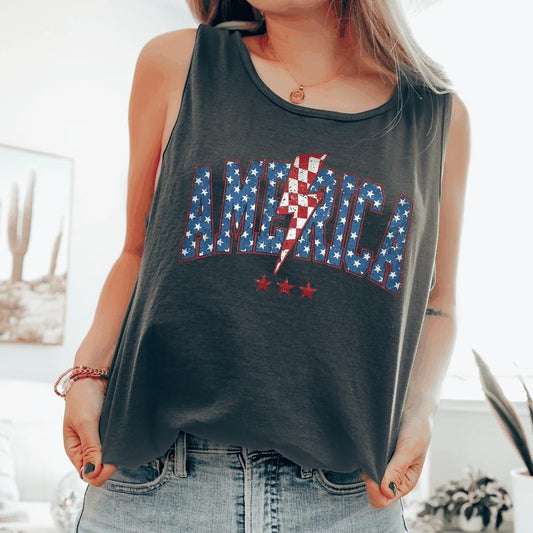 Retro America Varsity Bolt, Fourth of July, America, Patriotic, USA Comfort Colors Tank Top, Women's Comfort Colors Tank Top