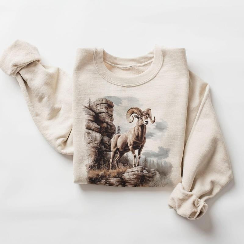 Retro Big Horn Sheep Cliff Scene Sweatshirt - 90s North American Animals Canyon Wilderness Scene - Boho Unisex Crewneck...