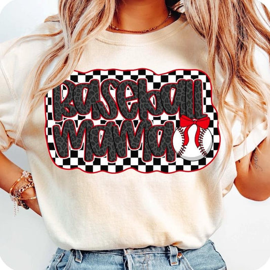 Retro Checkered Baseball Mama Coquette T-shirt, Baseball Mama Tee, Baseball Lover Gift, Game Day Sweatshirt