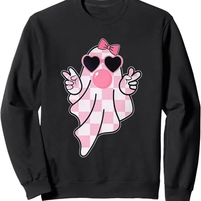 Retro Checkered Cute Pink Ghost Blowing Bubble Gum Halloween Sweatshirt, Cute Girly Ghost Blowing Bubble Shirt, Cute...