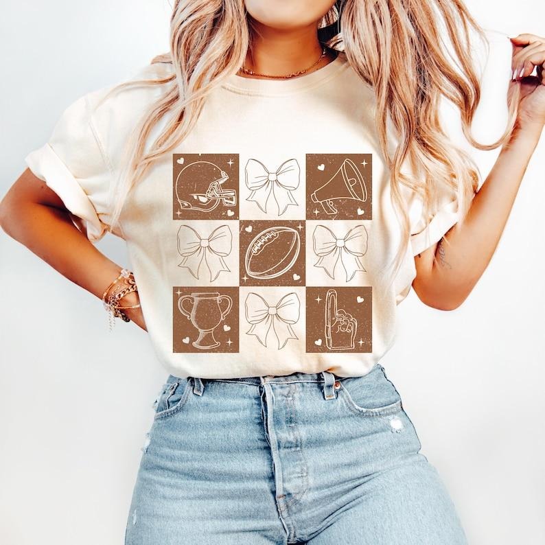 Retro Checkered Football Coquette, Game Day Football, Football Mom, Mama Bow Tshirt Hoodie, Sweatshirt | DripVista.com