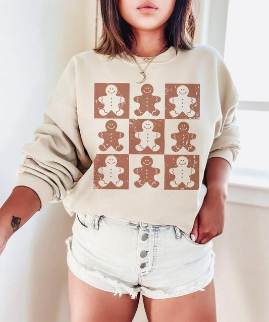 Retro Checkered Gingerbread Man Sweatshirt, Trendy Distressed Christmas Sweatshirt, Cute Checkered Xmas Sweatshirt