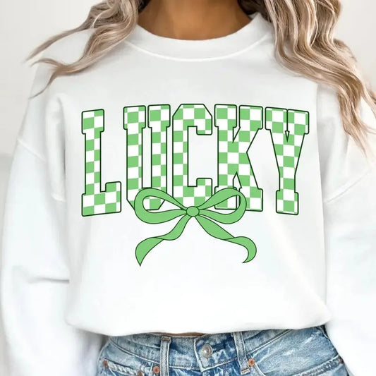 Retro Checkered Lucky St Patrick's Day Coquette Crewneck Sweatshirt, St Patricks day Tee, Lucky Sweatshirt Womenswear