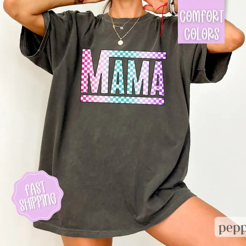 Retro Checkered Mama Graphic Tee, Comfort Colors Mama Checkered Shirt, Comfort Colors Mama Shirt, Motherhood Shirt, New...
