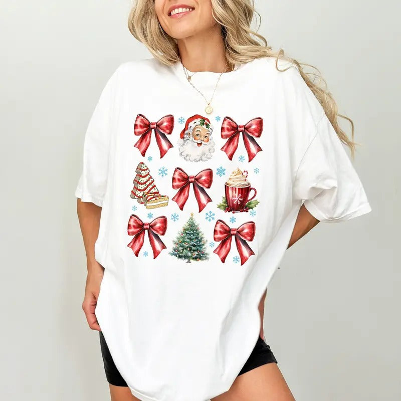 Retro Christmas Coquette Bow Shirt Comfort Colors, Santa Hot Cocoa Christmas Tree Cake Graphic Printed Tee, Girly Xmas Holiday T-shirt, Gift Ideas for Girls, Cotton Women's Tops, Casual Womenswear
