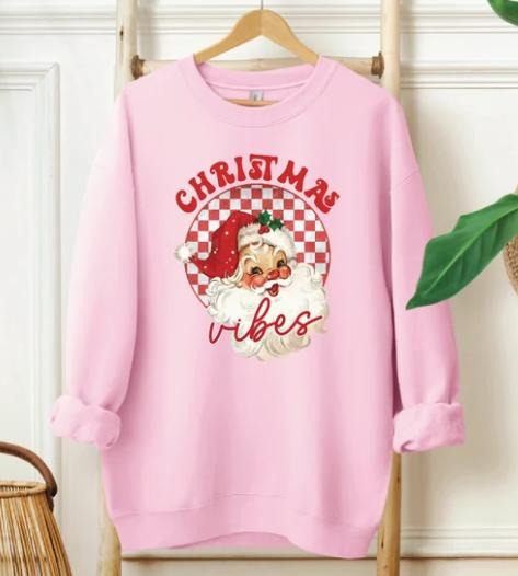 Retro Christmas Vibes Sweatshirt, Pink Santa Christmas Sweatshirt, Womens Santa Christmas Sweatshirt Cotton Long Sleeve...