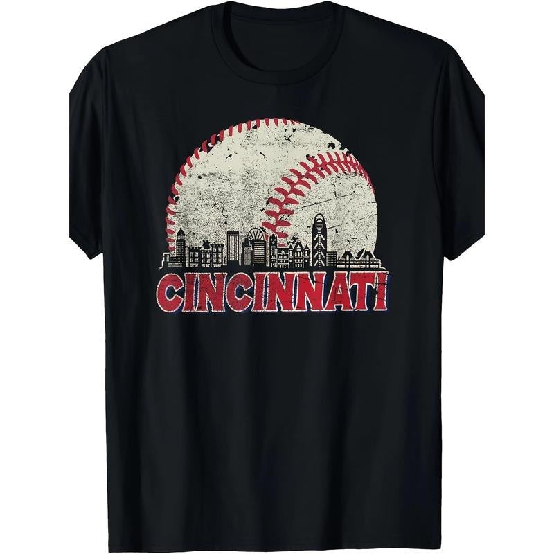 Retro Cincinnati cityscape baseball fan men's T-shirt made in usa