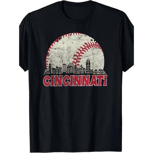 Retro Cincinnati cityscape baseball fan men's T-shirt made in usa