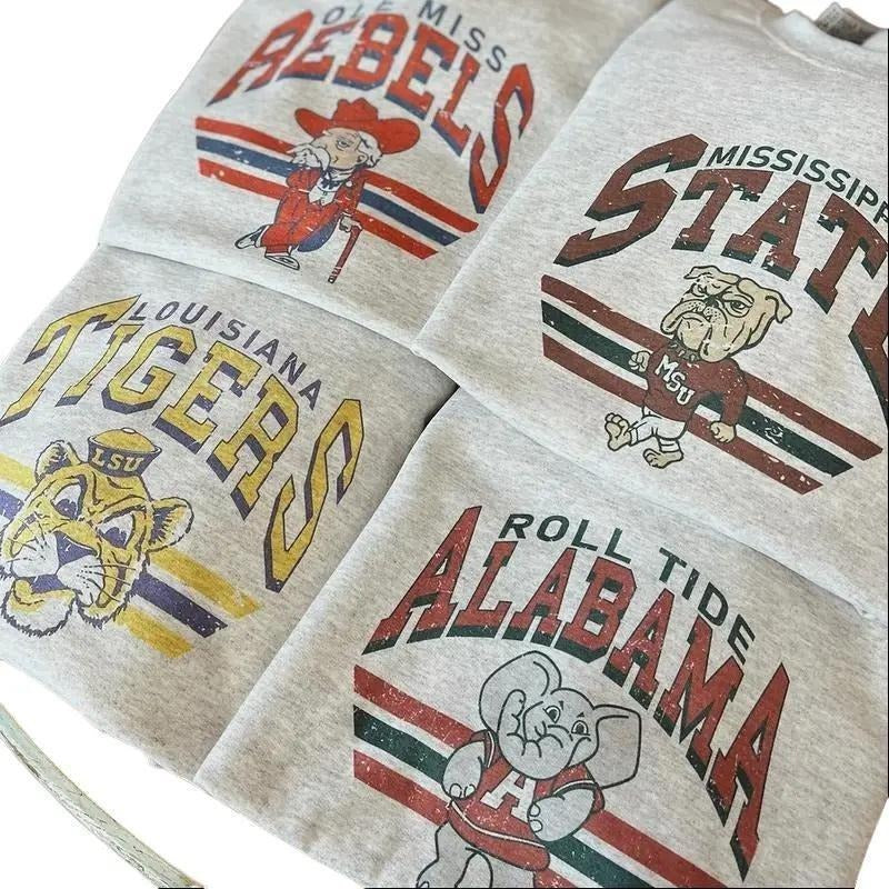 Retro College Football Mascot Crewneck Ash Grey Sweatshirt Classic Menswear Tops Cotton Sweaters   Sport Fabric Casual