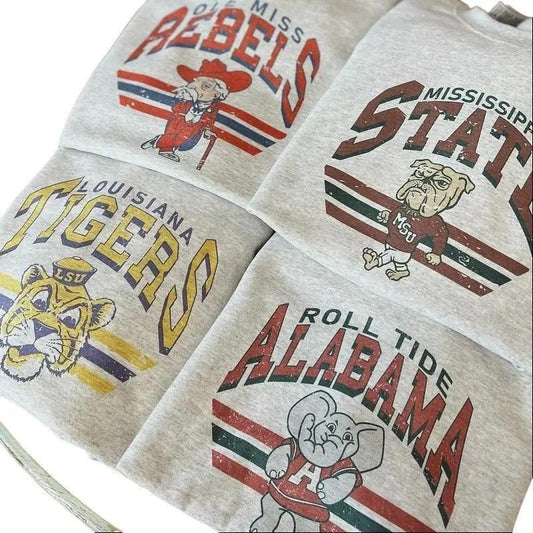 Retro College Football Mascot Crewneck Ash Grey Sweatshirt Classic Menswear Tops Cotton Sweaters   Sport Fabric Casual