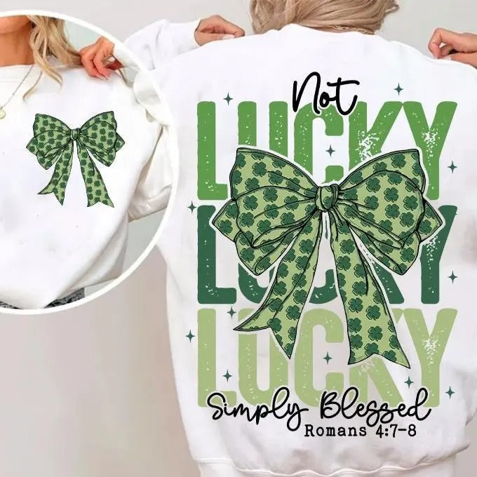 Retro Coquette St Patrick's Day Bow Shirt, Not lucky simply Blessed Roman 4:7-8 Shirt, Bible Verses Shirt, patrick Cross...