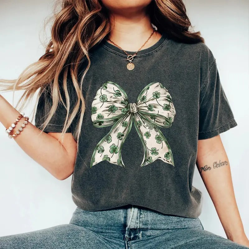 Retro Coquette St Patrick's Day T-shirt, Coquette St Patty's Day Shirt, Lucky Charm Shamrock Tee, Coquette Bow Shirt...