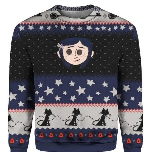 Retro Coraline Christmas Ugly Sweater, Vintage Coraline Sweater, Coraline Button Eyes Doll Sweater, Xmas Gift