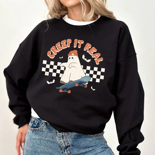 Retro Creep It Real Skateboarding Ghost Sweatshirt, Funny Halloween Sweatshirt, Vintage Boo Creep It Real Crewneck, Cute Halloween Ghost Sweater, Comfy Long Sleeve Pullover, Women's Tops, Fall Winter Casual Womenswear, Comfort Cotton Fabric Relaxed Top