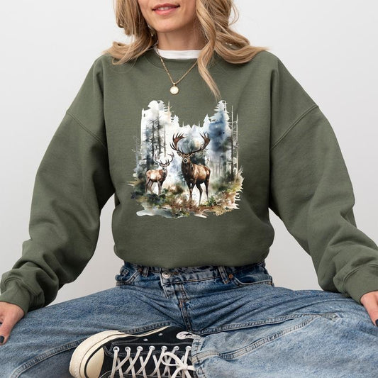 Retro Deer Wilderness Scene Sweatshirt, Vintage Buck And Doe Deer Crewneck, Hunting Sweaters for Women, Unisex Hunter Tops, Casual Womenswear