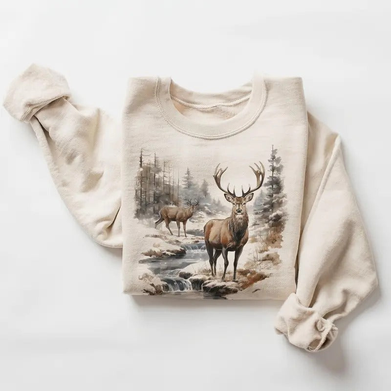 Retro Deer Wilderness Scene Sweatshirt, Vintage Buck And Doe Deer Outfit, Boho Unisex Crewneck Sweatshirt T-Shirts, Hoodie