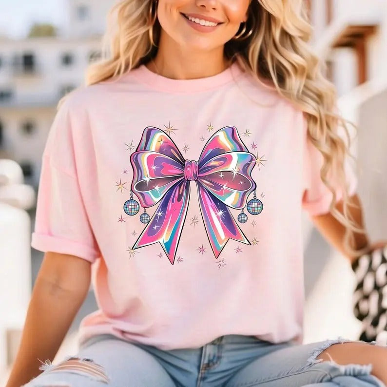 Retro Disco Coquette Bow Shirt, Pink Coloful Coquette Cute Bow Tee coquette christmas Hoodie, Sweatshirt | DripVista.com