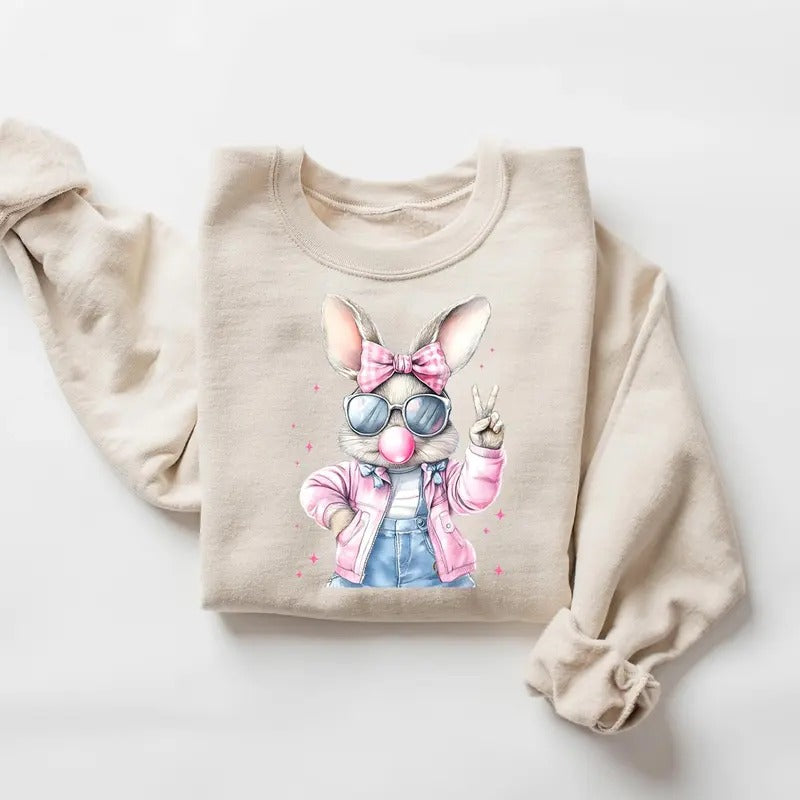 Retro Easter Bunny Blowing Gum Shirt, Happy Easter Gift, Retro Easter Sweater, Easter Bunnie with Sunglasses Sweatshirt Classic Collar Cotton Fabric