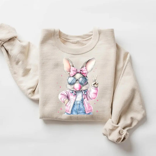 Retro Easter Bunny Blowing Gum Shirt, Happy Easter Gift, Retro Easter Sweater, Easter Bunnie with Sunglasses Sweatshirt Classic Collar Cotton Fabric