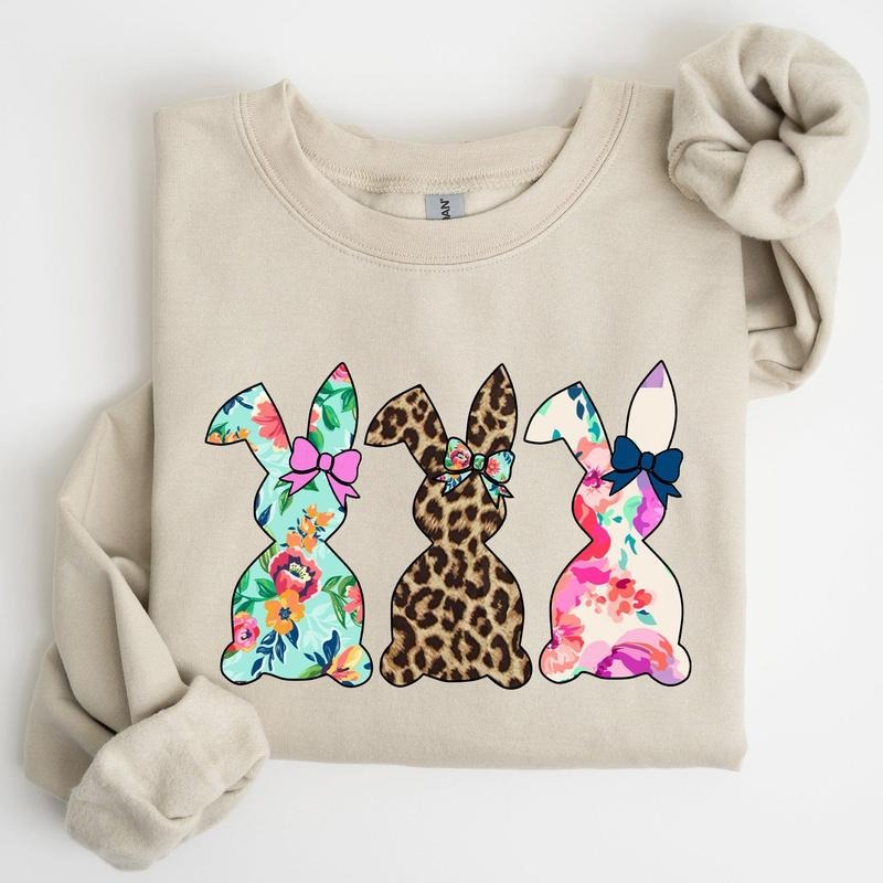 Retro Easter Rabbits, Floral, Leopard, Bunnies Sweatshirt, Women's Crew Neck, Crewneck T-Shirts, Hoodie | DripVista.com
