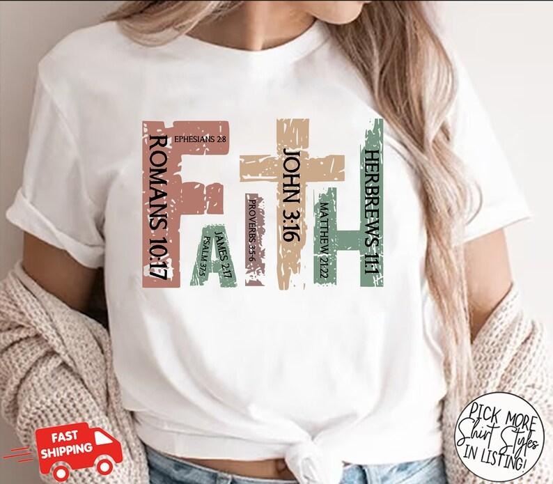 Retro Faith T Shirt, Christian Shirt, Bible Verse T-Shirt, Religious Outfit, Christian Cross Graphic Tees, Genderneutral Adult Sweatshirts Cotton Sleeve