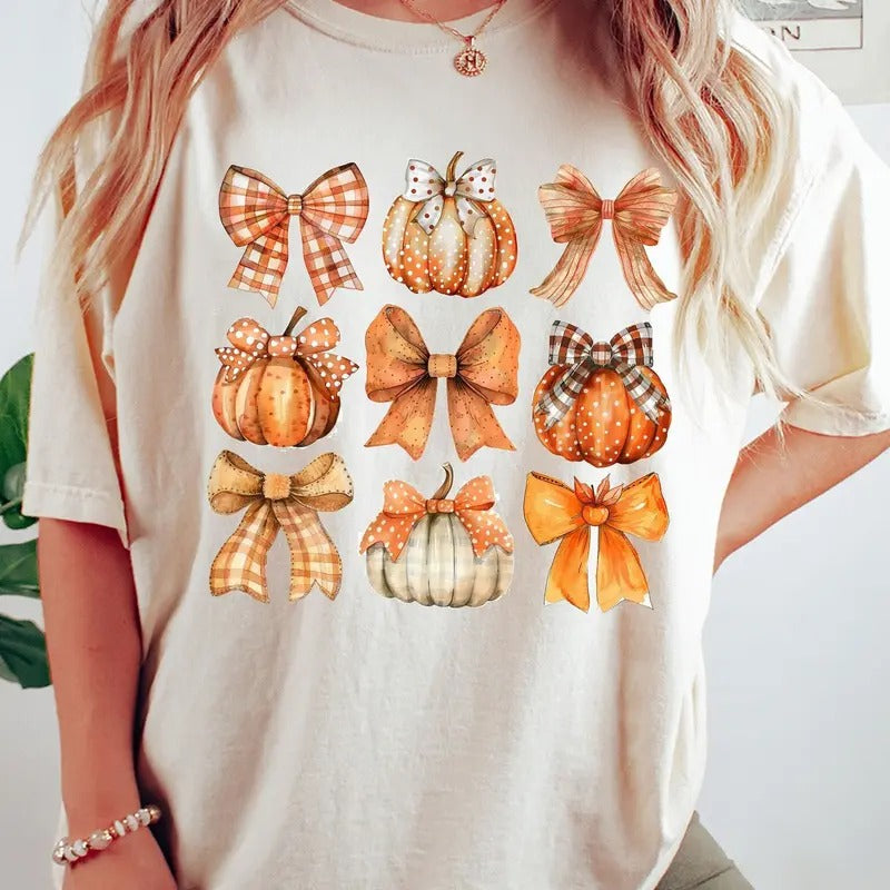Retro Fall Pumpkin Bow Shirt, Fall Coquette Bow Sweatshirt, Autumn Pumpkin Tee, Fall T-Shirt, Autumn Bow Tee, Cotton...