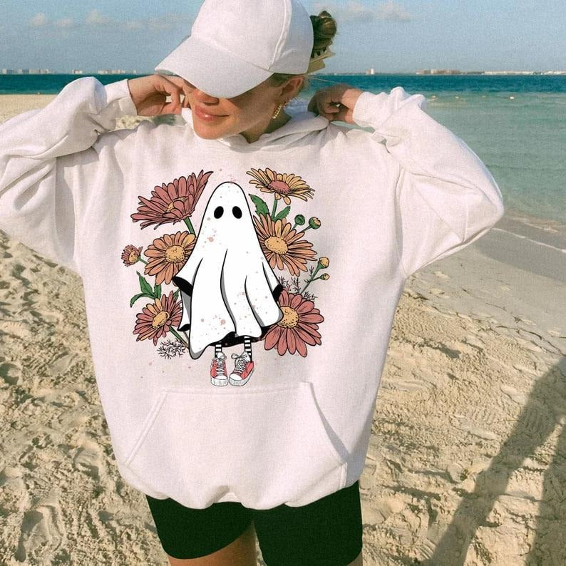 Retro Floral Ghost Sweatshirt, Fall Halloween floral Sweatshirt, Halloween Cute Ghost Tee, Spooky Season Party Gifts,...