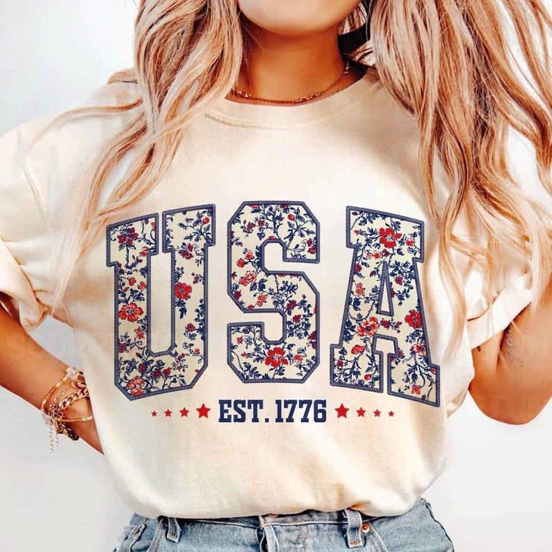Retro Floral USA  America 4th Of July Shirt, 4th Of July Tee, Retro USA,Freedom Shirt, American Flag Patriotic Tee, Unisex Fit, Classic Design Top