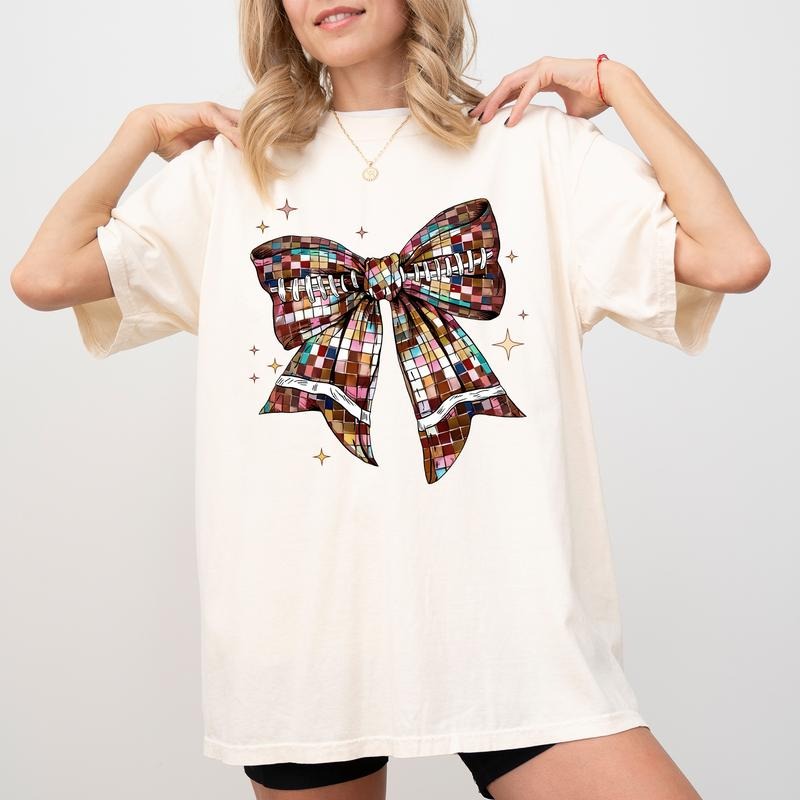Retro Football Bow Shirt, Coquette Football Bow Comfort Colors Shirt, Football Mom Graphic Tee, Coquette Bow Unisex...