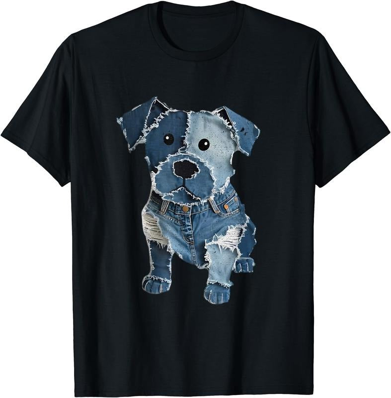 Retro Funny Denim Patch Animal Dog Print For Men Women T-Shirt | Unisex Cotton Tee Gift, Crewneck, Short Sleeve