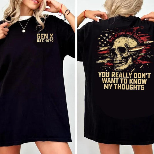 Retro Generation X est 1970 Shirt, Retro Skeleton Fxck Around and Find Out Shirt, Gen X Skull USA Flag Cotton Unisex Tee for men and women