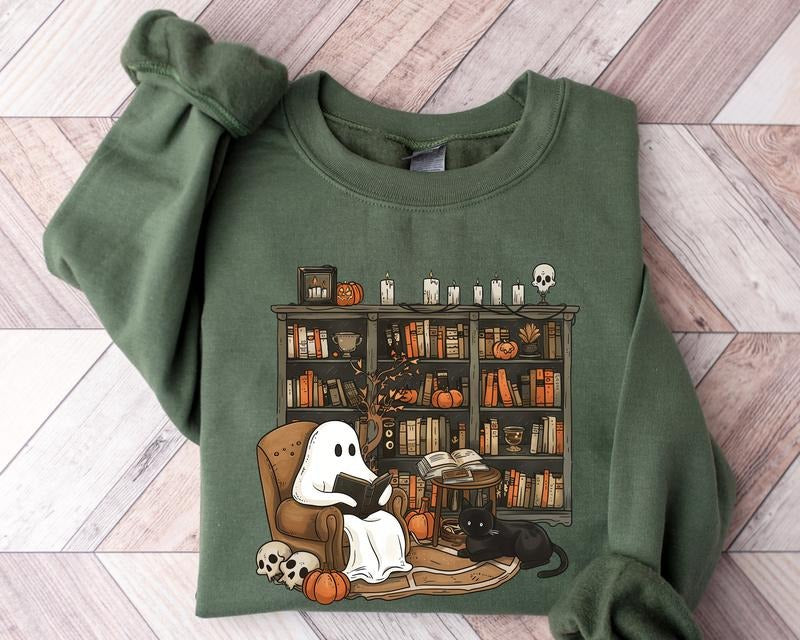 Retro Ghost Reading Books Sweatshirt Librarian Ghost Halloween Halloween Teacher Sweatshirt Halloween Shirt Teacher Gift...
